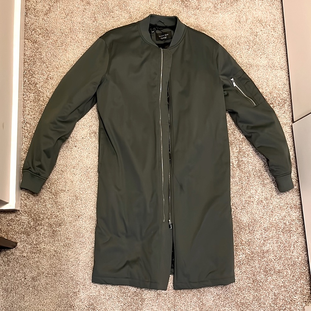 Zara Mens green long line bomber jacket. Size Large